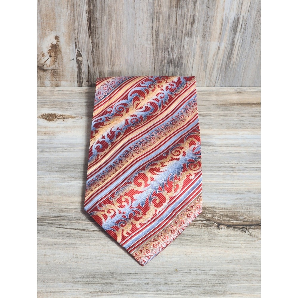 Angelino Mens Red Gold Blue Silk Baroque Striped Jacquard Formal Necktie Tie